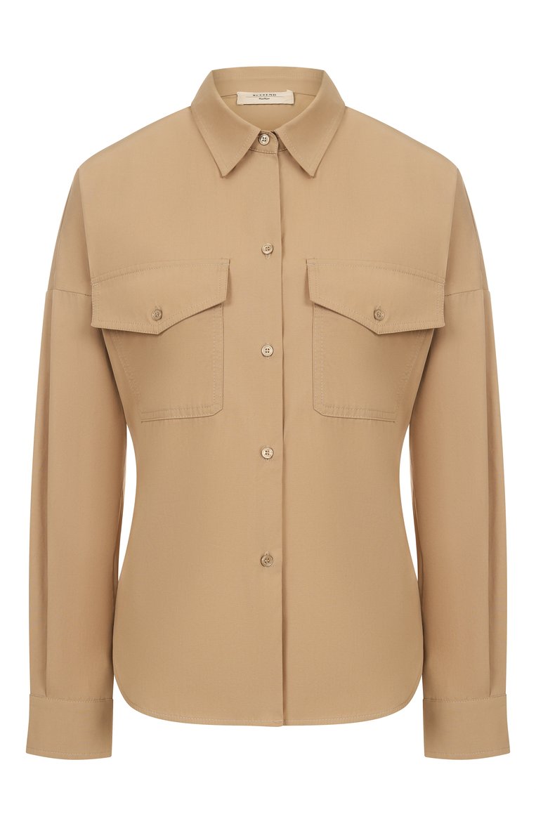 Женская хлопковая рубашка WEEKEND MAX MARA бежевого цвета, арт. SKIPPER | Фото 1 (Рукава: Длинные; Материал внешний: Хлопок; Автоматизация ТО: Проставлено; Автоматизация состава: Проставлено; Длина (для топов): Стандартные; Женское Кросс-КТ: Рубашка-одежда; Принт: Без принта; Стили: Кэжуэл)