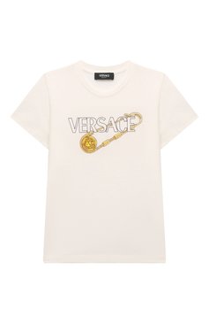 Детская хлопковая футболка VERSACE молочного цвета, арт. 1000052/1A10218/8A-14A | Фото 1 (Девочки Кросс-КТ: футболка-одежда; Рукава: Короткие; Материал сплава: Проставлено; Материал внешний: Хлопок; Драгоценные камни: Проставлено; Ростовка одежда: 8 лет | 128 см, 12 лет | 152 см, 16 лет | 164 см, 10 - 11 лет | 140 - 146см)