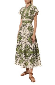 Женское хлопковое платье GIAMBATTISTA VALLI зеленого цвета, арт. 24FWPVCA560T-52PRI | Фото 2 (Материал сплава: Проставлено; Драгоценные камни: Проставлено; Рукава: Короткие; Материал внешний: Хлопок; Длина Ж (юбки, платья, шорты): Миди; Женское Кросс-КТ: Платье-одежда; Стили: Ретро; Случай: Повседневный)