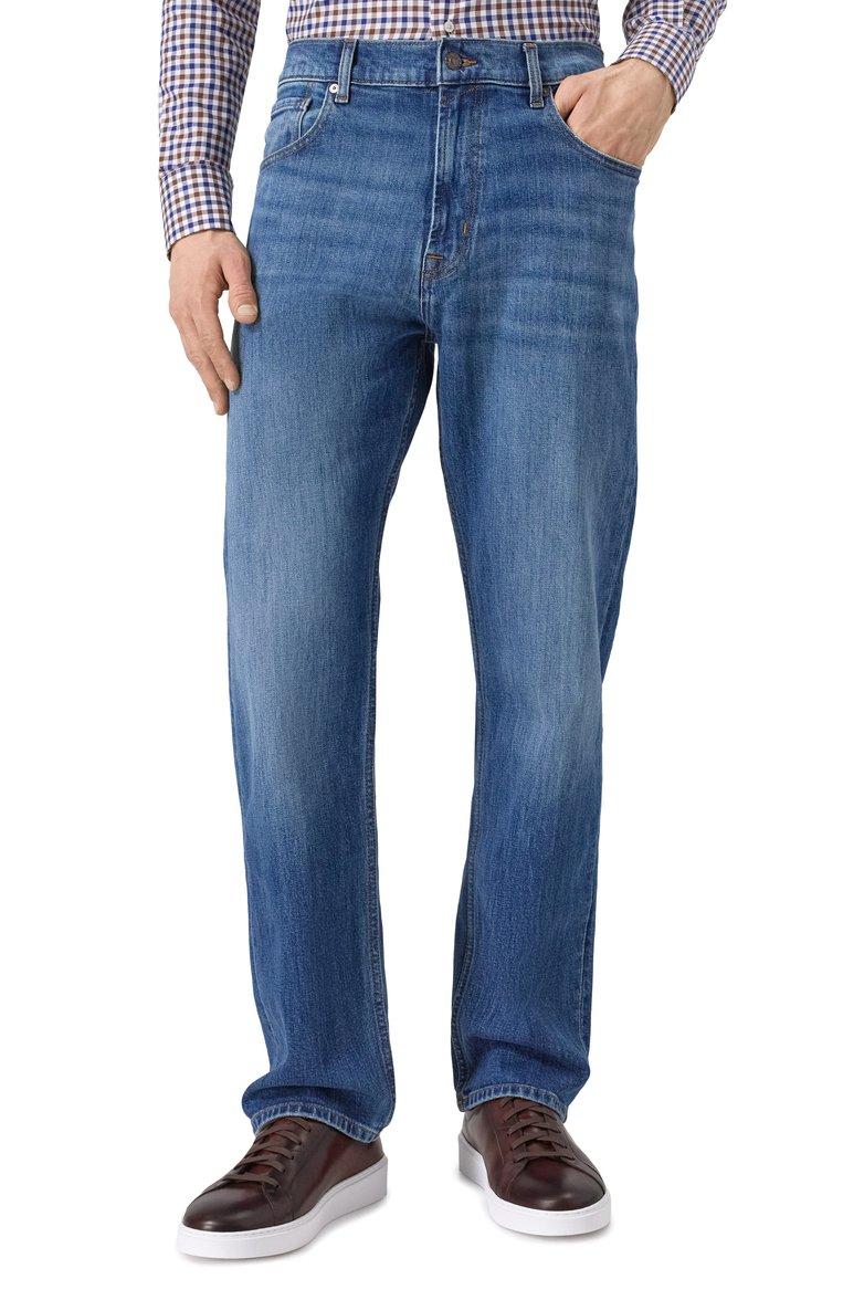 Мужские джинсы straight 7 FOR ALL MANKIND синего цвета, арт. 7T099A56 | Фото 3 (Материал внешний: Хлопок, Деним; Длина (брюки, джинсы): Стандартные; Кросс-КТ: Деним; Детали: Делаве; Силуэт М (брюки): Прямые; Стили: Повседневный; Автоматизация ТО: Проставлено; Автоматизация состава: Проставлено)