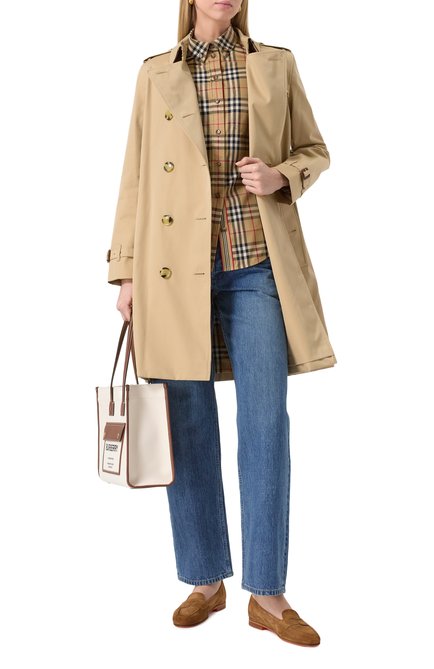 Женская хлопковая рубашка BURBERRY бежевого цвета, арт. 8022284 | Фото 2 (Материал внешний: Хлопок; Рукава: Длинные; Женское Кросс-КТ: Рубашка-одежда; Принт: С принтом, Клетка; Статус проверки: Проверена категория; Длина (для топов): Удлиненные)