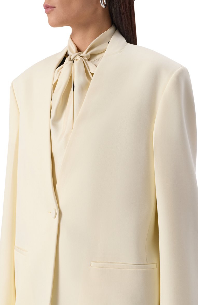 Женский шерстяной жакет JIL SANDER кремового цвета, арт. J04BN0108-J40021 | Фото 5 (Длина (для топов): Удлиненные; Материал внешний: Шерсть; Рукава: Длинные; 1-2-бортные: Однобортные; Женское Кросс-КТ: Жакет-одежда; Стили: Минимализм; Материал подклада: Вискоза)