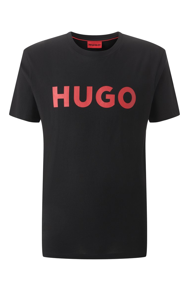 Мужская хлопковая футболка HUGO черного цвета, арт. 50467556 | Фото 1 (Материал внешний: Хлопок; Длина (для топов): Стандартные; Рукава: Короткие; Принт: С принтом; Стили: Кэжуэл; Кросс-КТ: Джерси; Мужское Кросс-КТ: Футболка-одежда)