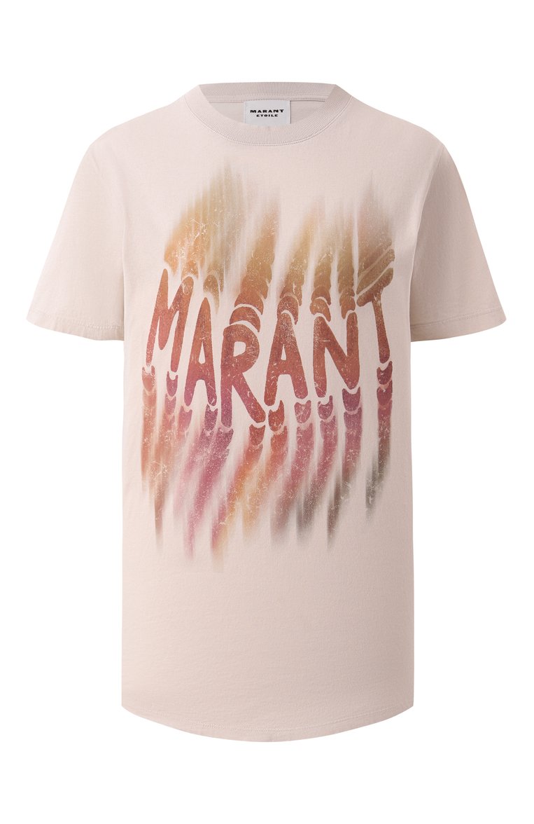 Женская хлопковая футболка ISABEL MARANT ETOILE бежевого цвета, арт. 25PTS0147FA-C1N07E | Фото 1 (Длина (для топов): Стандартные; Материал внешний: Хлопок; Рукава: Короткие; Принт: С принтом; Женское Кросс-КТ: Футболка-одежда; Стили: Кэжуэл)