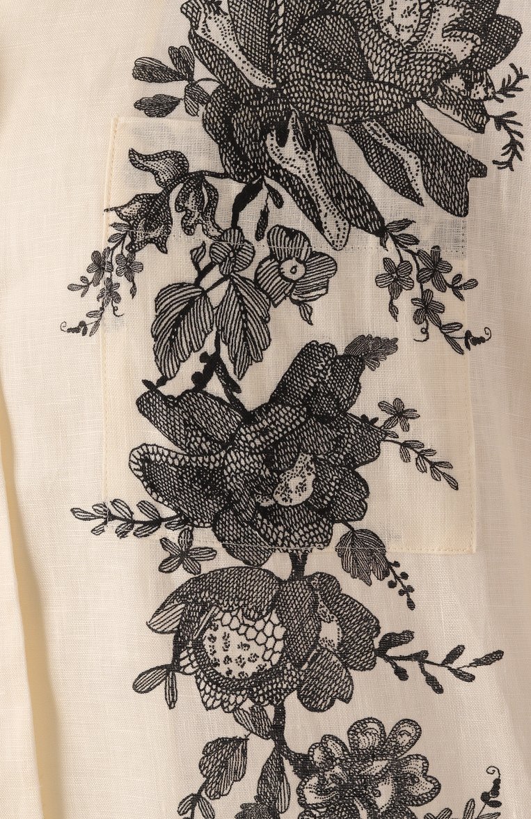 Женская льняная рубашка ZIMMERMANN кремового цвета, арт. 2594TR25R | Фото 6 (Рукава: Короткие; Материал внешний: Лен; Длина (для топов): Стандартные; Драгоценные камни: Проставлено; Материал сплава: Проставлено; Кросс-КТ: костюм; Стили: Кэжуэл; Принт: С принтом)