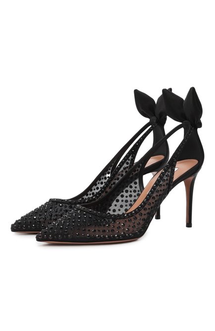 Женские текстильные туфли bow tie crystal 85 AQUAZZURA черного цвета, арт. DCTMIDP0/STT | Фото 1 (Материал внутренний: Натуральная кожа; Материал внешний: Текстиль; Подошва: Плоская; Каблук высота: Высокий; Драгоценные камни: Проставлено; Материал сплава: Проставлено)
