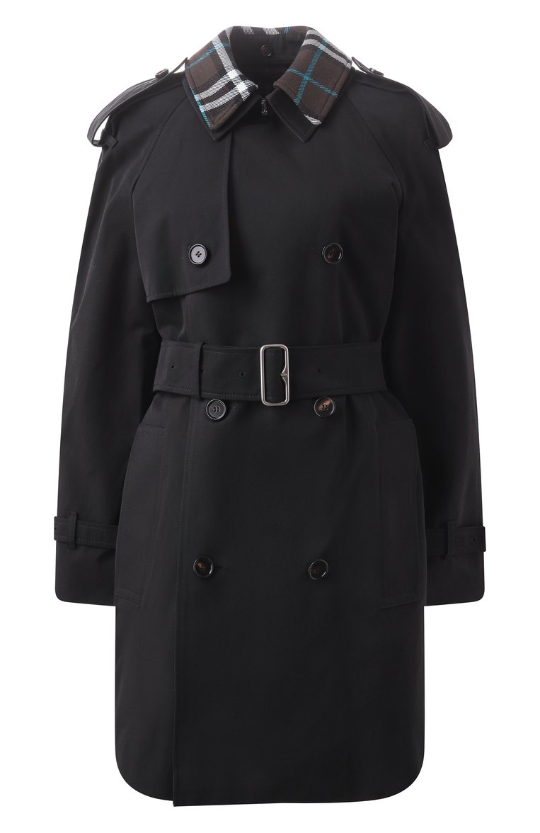 Женский хлопковый тренч BURBERRY черного цвета, арт. 8096563 | Фото 1 (Материал подклада: Хлопок; Рукава: Длинные; Длина (верхняя одежда): До середины бедра; Материал внешний: Хлопок; Стили: Кэжуэл; Кросс-КТ: Куртка)