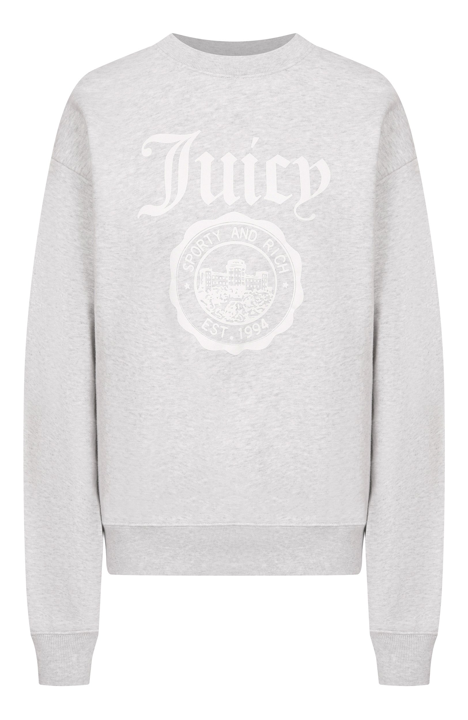 Хлопковый свитшот sporty & rich x juicy couture SPORTY AND RICH серого цвета по цене 32200 руб., арт. ST071716691GY03/JUICY EMBLEM CREWNECK, фото 1 Хлопковый свитшот sporty & rich x juicy couture SPORTY AND RICH, арт. ST071716691GY03/JUICY EMBLEM CREWNECK, фото 1