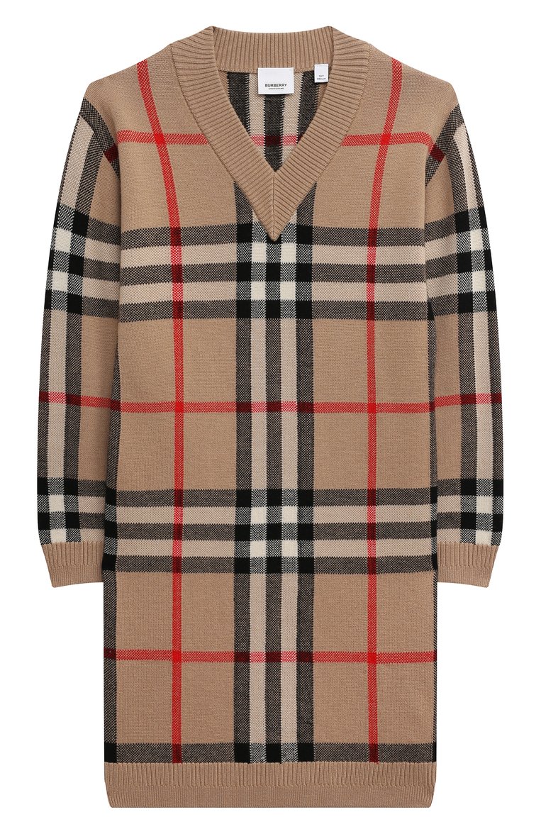 Детс�кое шерстяное платье BURBERRY бежевого цвета, арт. 8072920 | Фото 1 (Драгоценные камни: Проставлено; Материал сплава: Проставлено; Материал внешний: Шерсть; Рукава: Длинные; Случай: Повседневный)