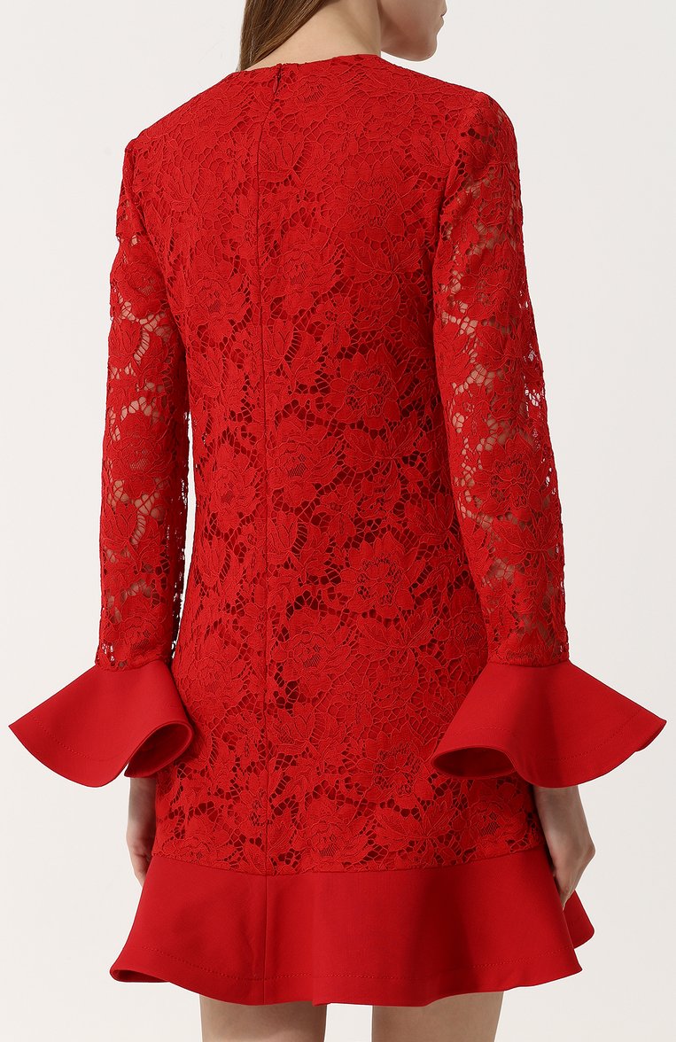 Женское хлопковое кружевное мини-платье с оборкой VALENTINO красного цвета, арт. QB2VAIM6360 | Фото 4 (Длина Ж (юбки, платья, шорты): Мини; Материал внешний: Хлопок; Рукава: Длинные; Статус проверки: Проверено, Проверена категория; Случай: Формальный; Женское Кросс-КТ: Платье-одежда; Автоматизация Diginetica: Проверено; Автоматизация ТО: Проставлено; Автоматизация состава: Проставлено)