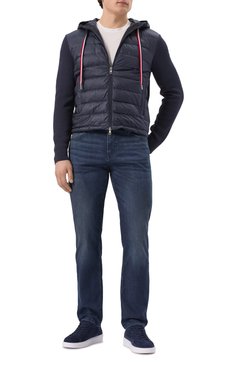 Мужской комбинированный кардиган MONCLER темно-синего цвета, арт. 9B00005/M1367 | Фото 2 (Рукава: Длинные; Длина (для топов): Стандартные; Материал внешний: Хлопок; Стили: Кэжуэл; Мужское Кросс-КТ: Кардиган-одежда; Застежка: Молния; Материал утеплителя: Пух и перо)