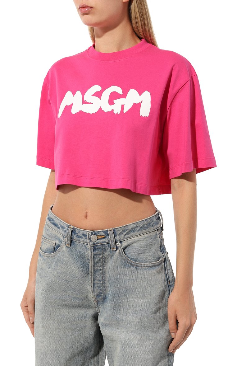 Женская хлопковая футболка MSGM фуксия цвета, арт. 3641MDM100/247002 | Фото 3 (Длина (для топов): Укороченные; Драгоценные камни: Проставлено; Рукава: Короткие; Материал сплава: Проставлено; Материал внешний: Хлопок; Принт: С принтом; Стили: Спорт-шик)