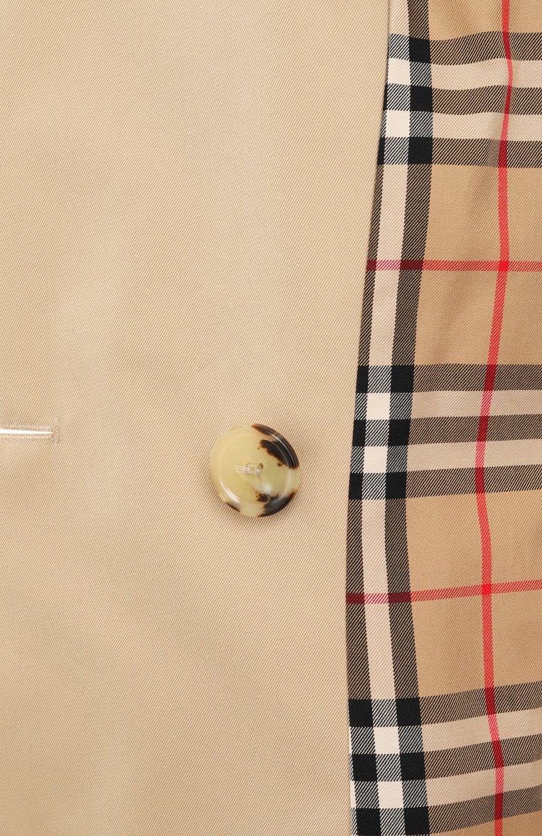 Женский хлопковый тренч BURBERRY бежевого цвета, арт. 8079404 | Фото 7 (Материал внешний: Хлопок; Длина (верхняя одежда): До середины бедра; Материал подклада: Хлопок; Рукава: Длинные; Стили: Кэжуэл; Кросс-КТ: Куртка; Автоматизация ТО: Проставлено; Автоматизация состава: Проставлено)
