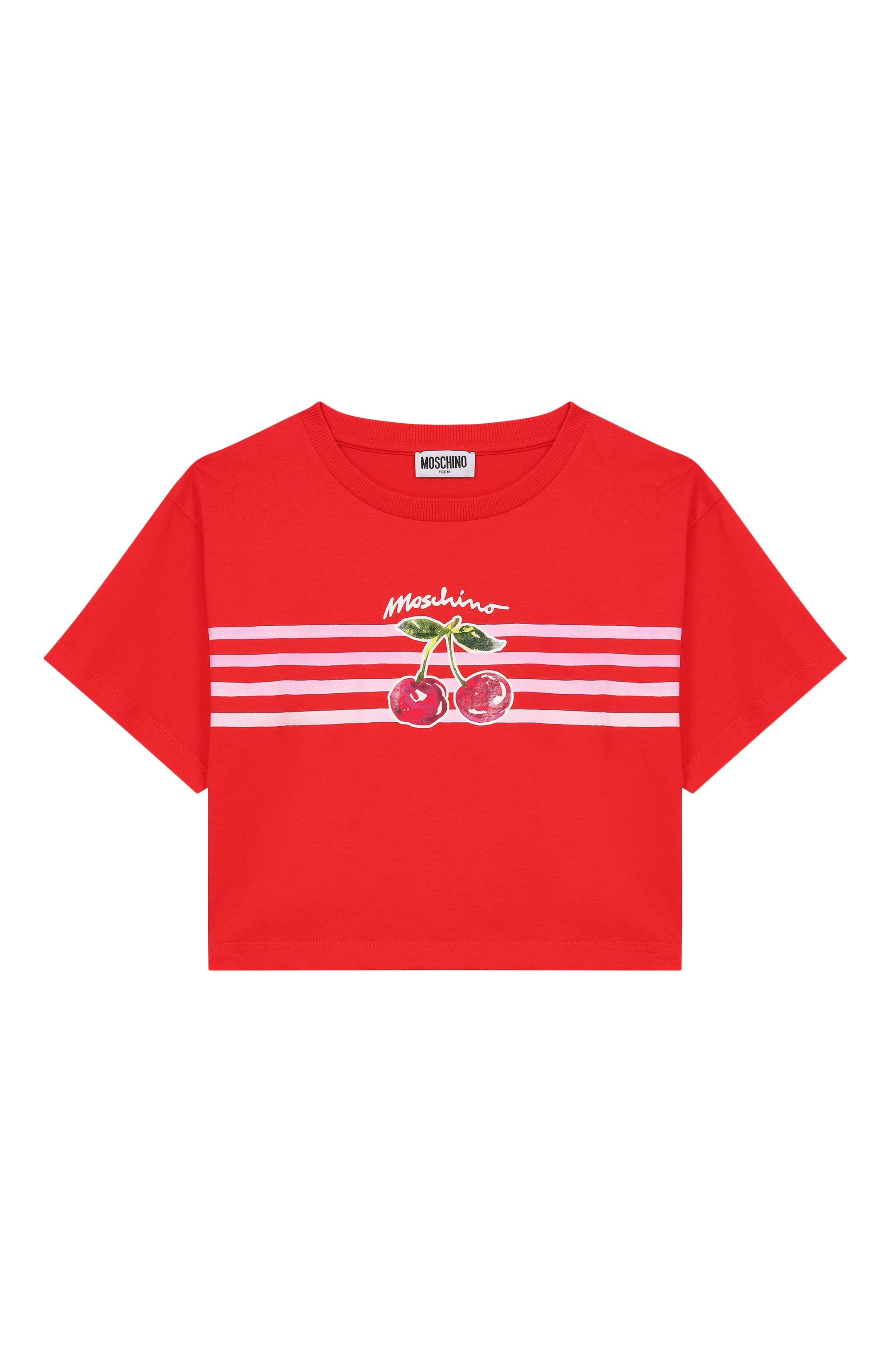 Хлопковая футболка MOSCHINO красного цвета по цене 11150 руб., арт. HDM06Y/LAA02_001, фото 1 Хлопковая футболка MOSCHINO, арт. HDM06Y/LAA02_001, фото 1