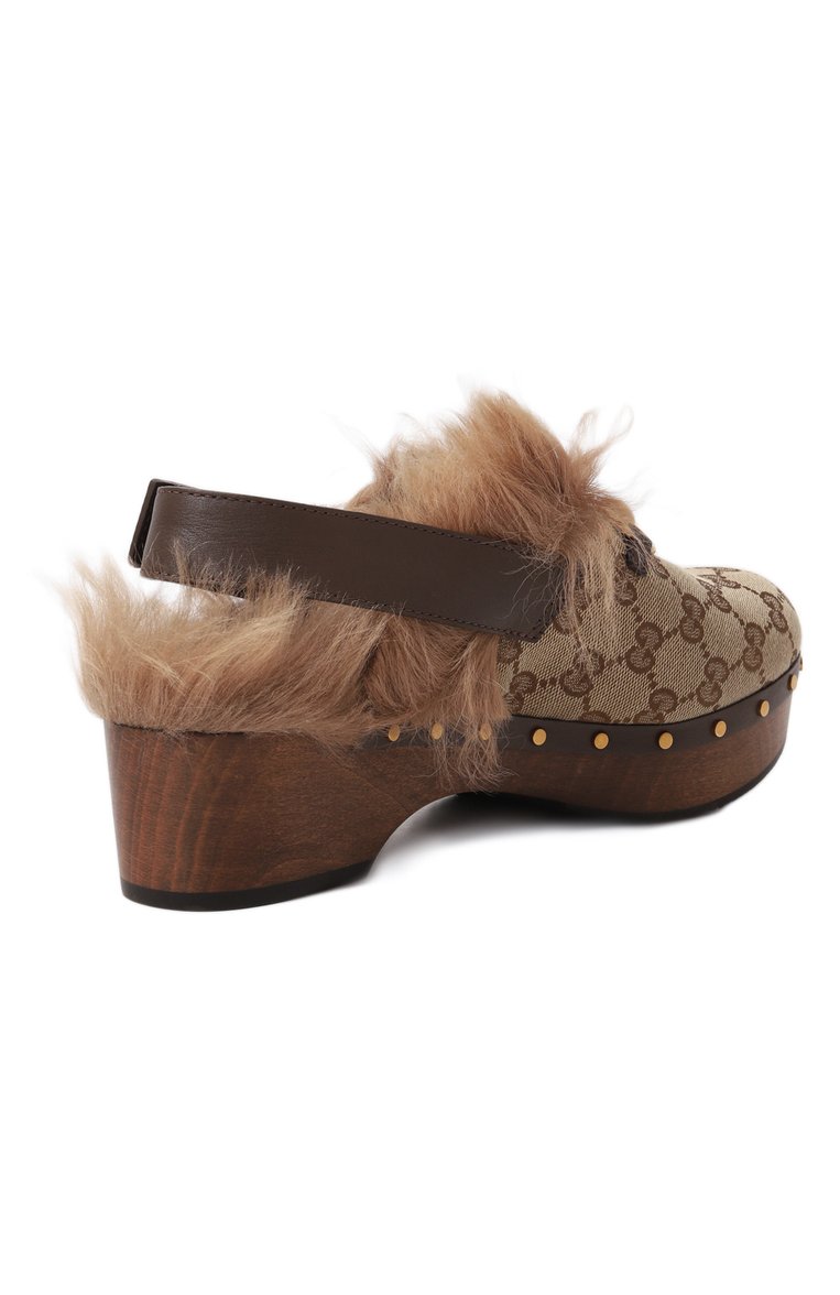 Женские сабо GUCCI бежевого цвета, арт. 680951 HVKM0 | Фото 5 (Подошва: Платформа; Каблук высота: Низкий; Материал утеплителя: Натуральный мех; Каблук тип: Устойчивый; Материал внешний: Текстиль)