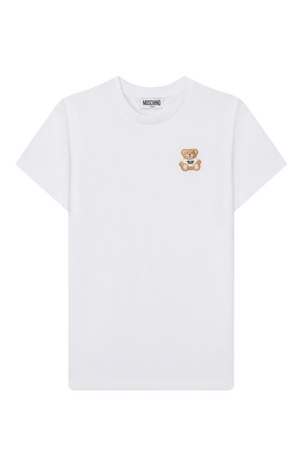 Детская хлопковая футболка MOSCHINO белого цвета, арт. H5M04K/LAA02/10-14 | Фото 1 (Драгоценные камни: Проставлено; Материал внешний: Хлопок; Материал сплава: Проставлено; Рукава: Короткие)