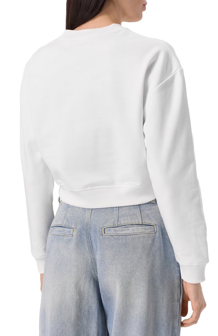 Женский хлопковый свитшот BALMAIN белого цвета, арт. EF1JQ002/BB02 | Фото 4 (Материал сплава: Проставлено; Драгоценные камни: Проставлено; Рукава: Длинные; Длина (для топов): Укороченные; Стили: Спорт-шик; Женское Кросс-КТ: Свитшот-одежда; Материал внешний: Хлопок)