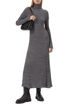 Женское шерстяное платье MONCLER серого цвета, арт. 9L000-08-M1180 | Фото 2 (Длина Ж (юбки, платья, шорты): Миди; Материал внешний: Шерсть; Стили: Кэжуэл; Случай: Повседневный; Женское Кросс-КТ: Платье-одежда; Кросс-КТ: Трикотаж; Рукава: Длинные)