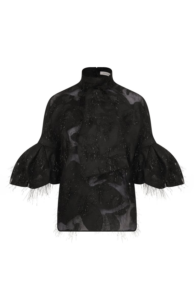 Женская блузка NINA RICCI черного цвета, арт. 25PCT0016/PL0476 | Фото 1 (Рукава: 3/4; Материал внешний: Шелк, Синтетический материал; Длина (для топов): Стандартные; Женское Кросс-КТ: Блуза-одежда; Стили: Романтичный; Принт: С принтом)