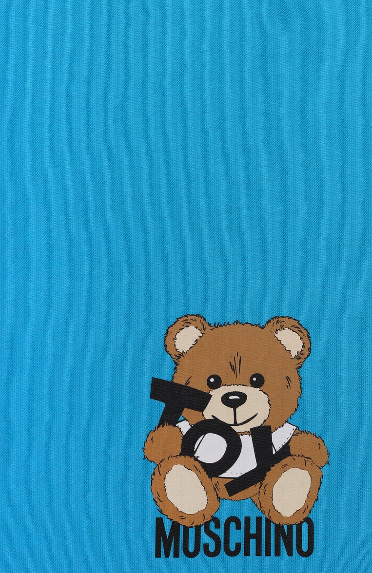 Детские хлопковые шорты MOSCHINO бирюзового цвета, арт. HUQ02A/LCA19/10-14 | Фото 3 (Материал внешний: Хлопок; Нос: Не проставлено; Мальчики Кросс-КТ: Шорты-спорт; Случай: Повседневный; Ростовка одежда: 10 - 11 лет | 140 - 146см, 12 лет | 152 см)