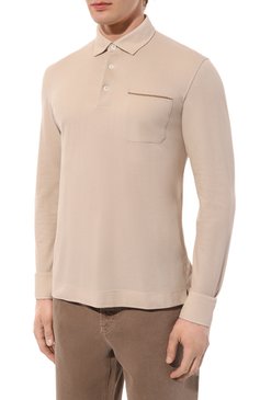 Мужское хлопковое поло ZEGNA бежевого цвета, арт. UD392A7/D757 | Фото 3 (Длина (для топов): Стандартные; Рукава: Длинные; Материал внешний: Хлопок; Застежка: Пуговицы; Стили: Кэжуэл; Принт: Без принта; Мужское Кросс-КТ: Футболка-одежда)