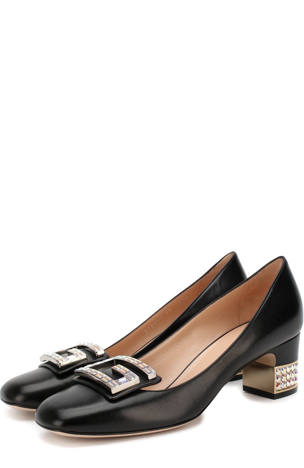 Кожаные туфли с отделкой кристаллами на устойчивом каблуке GUCCI, арт. 522697/C9D00, фото 1