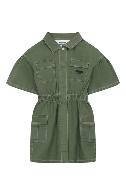 Детское джинсовое платье-рубашка KENZO хаки цвета, арт. K60910 | Фото 1 (Материал сплава: Проставлено; Драгоценные камни: Проставлено; Рукава: Длинные; Материал внешний: Хлопок)