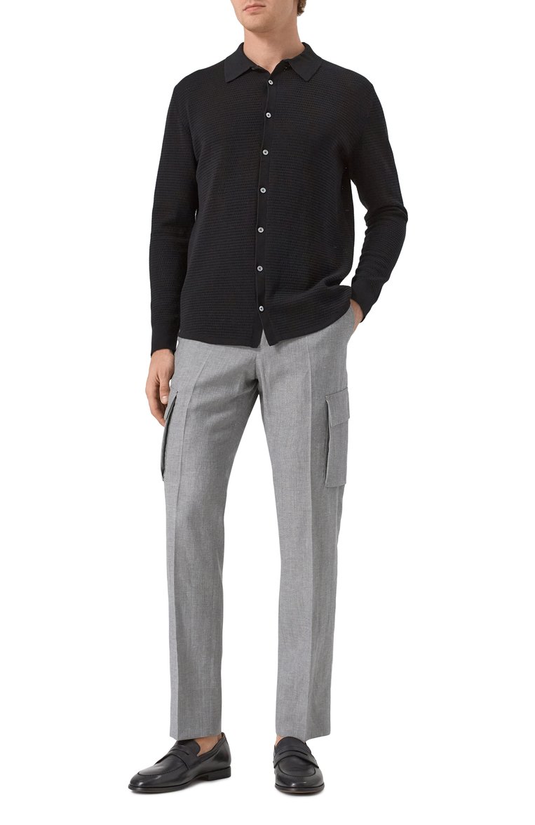 Мужские брюки-карго из шерсти и льна CORNELIANI серого цвета, арт. 254L02-2514164 | Фото 2 (Материал внешний: Шерсть, Лен; Длина (брюки, джинсы): Стандартные; Материал сплава: Проставлено; Драгоценные камни: Проставлено; Силуэт М (брюки): Карго; Случай: Повседневный; Стили: Кэжуэл)