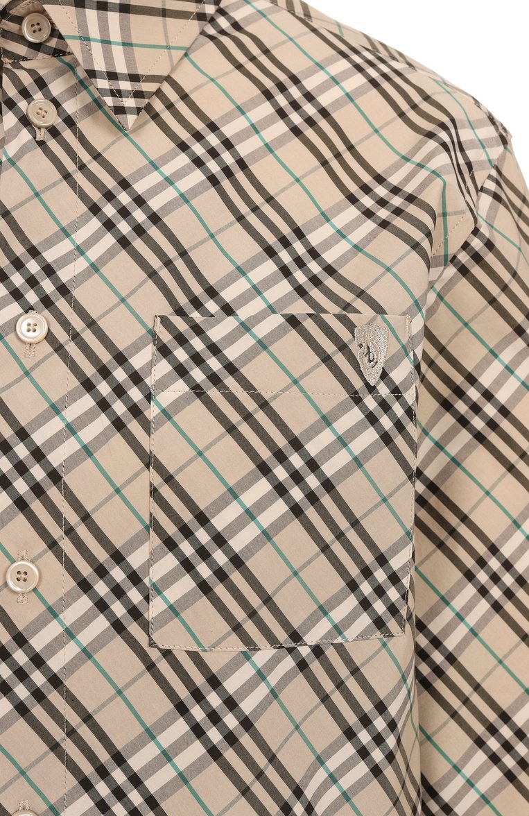 Женская хлопковая рубашка BURBERRY бежевого цвета, арт. 8101133 | Фото 6 (Длина (для топов): Стандартные; Материал внешний: Хлопок; Рукава: Длинные; Стили: Кэжуэл; Принт: Клетка, С принтом; Женское Кросс-КТ: Рубашка-одежда; Автомати�зация состава: Проставлено; Автоматизация ТО: Проставлено; Детали: Декор)