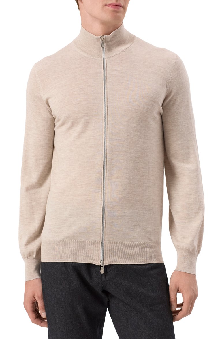 Мужской кардиган из шерсти и кашемира BRUNELLO CUCINELLI бежевого цвета, арт. M2400B2006 | Фото 3 (Рукава: Длинные; Длина (для топов): Стандартные; Материал внешний: Шерсть; Мужское Кросс-КТ: Кардиган-одежда; Стили: Кэжуэл; Застежка: Молния)