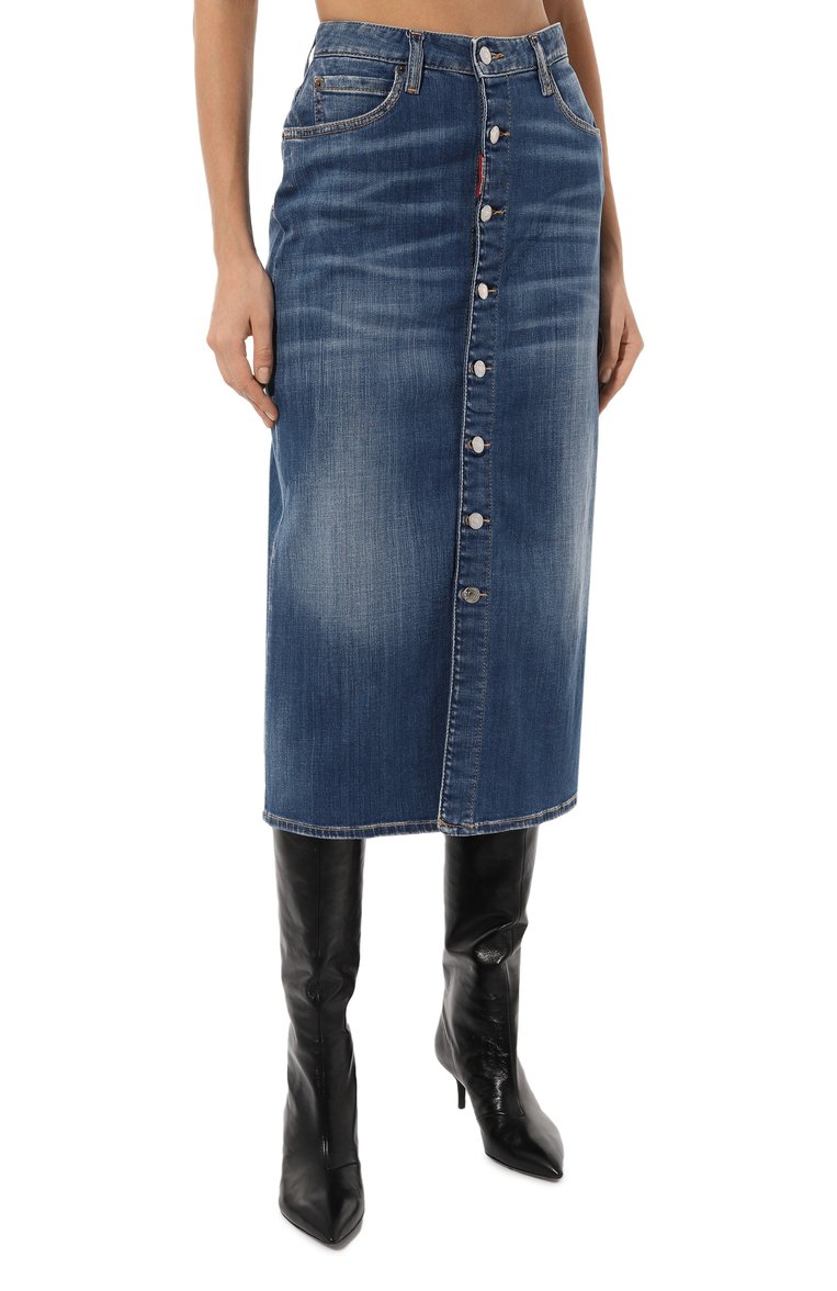 Женская джинсовая юбка DSQUARED2 голубого цвета, арт. S75MA0935/S30342 | Фото 3 (Материал внешний: Хлопок, Деним; Длина Ж (юбки, платья, шорты): Миди; Стили: Кэжуэл; Кросс-КТ: Деним; Автоматизация �ТО: Проставлено; Автоматизация состава: Проставлено)