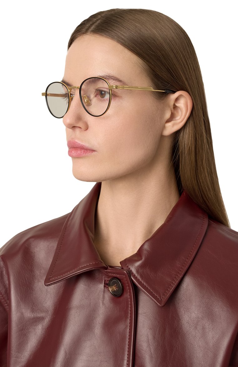 Женские оправа BOTTEGA VENETA золотого цвета, арт. BV13370J 001 | Фото 2 (Нос: Не проставлено; Региональные ограничения белый список (Axapta Mercury): Не проставлено; Тип очков: Оправа; Материал: Металл; Очки форма: Круглые; Оптика Гендер: оптика-женское)