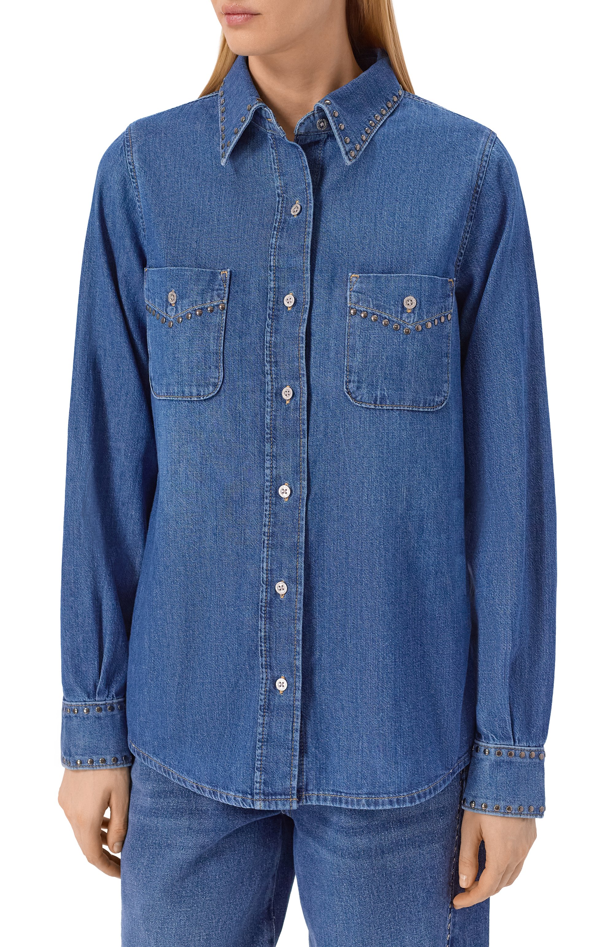 Джинсовая рубашка 7 FOR ALL MANKIND синего цвета по цене 34300 руб., арт. 7U84TC21-21C, фото 3 Джинсовая рубашка 7 FOR ALL MANKIND, арт. 7U84TC21-21C, фото 3