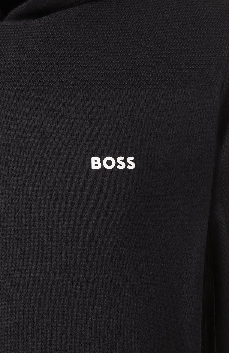 Мужской худи BOSS GREEN черного цвета, арт. 50528865 | Фото 6 (Рукава: Длинные; Длина (для топов): Стандартные; Материал внешний: Шерсть, Синтетический материал; Принт: Без принта; Мужское Кросс-КТ: Худи-одежда; Стили: Кэжуэл)