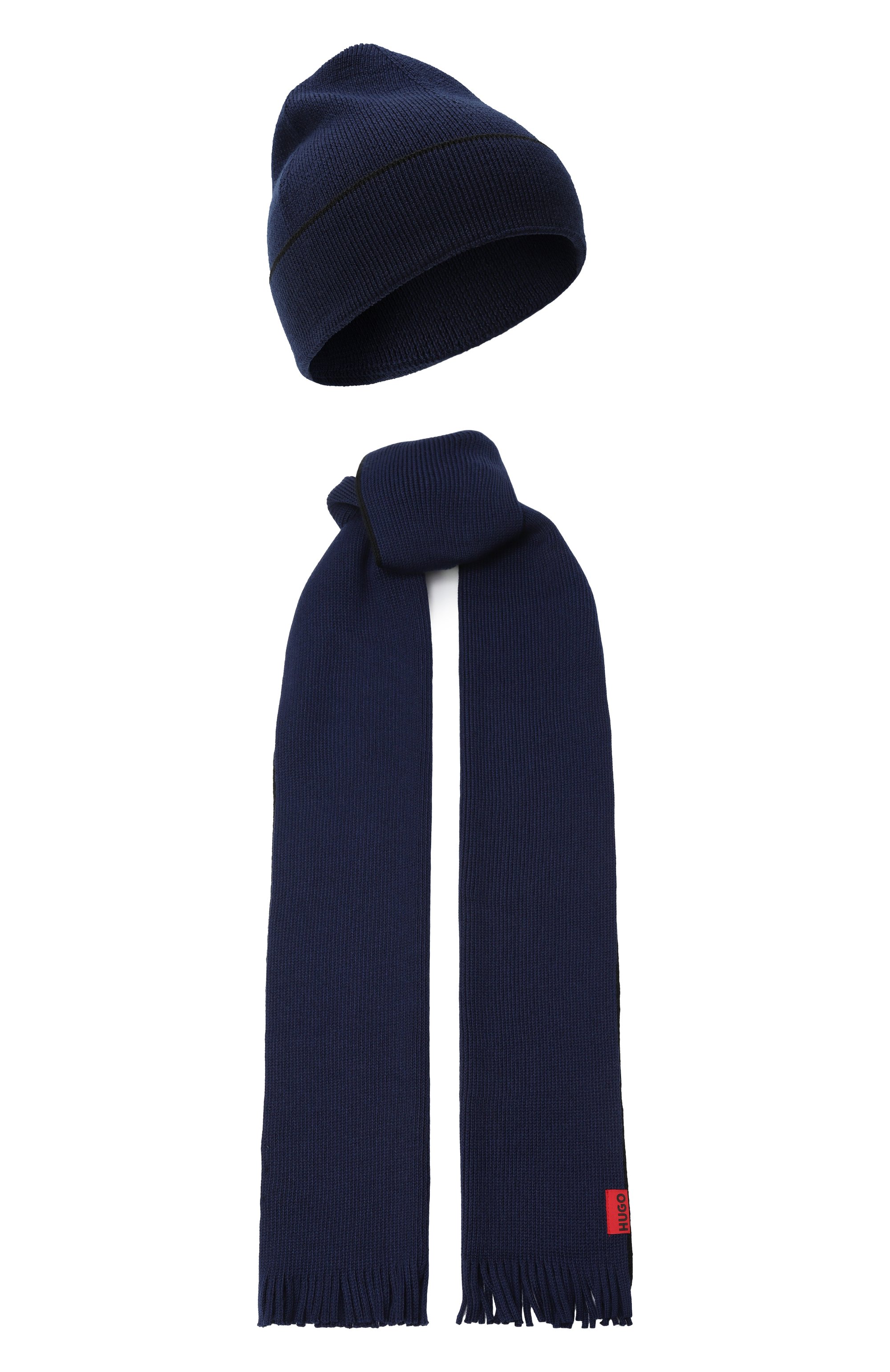 Комплект из шапки и шарфа HUGO темно-синего цвета по цене 13200 руб., арт. 50517757, фото 1 Комплект из шапки и шарфа HUGO, арт. 50517757, фото 1
