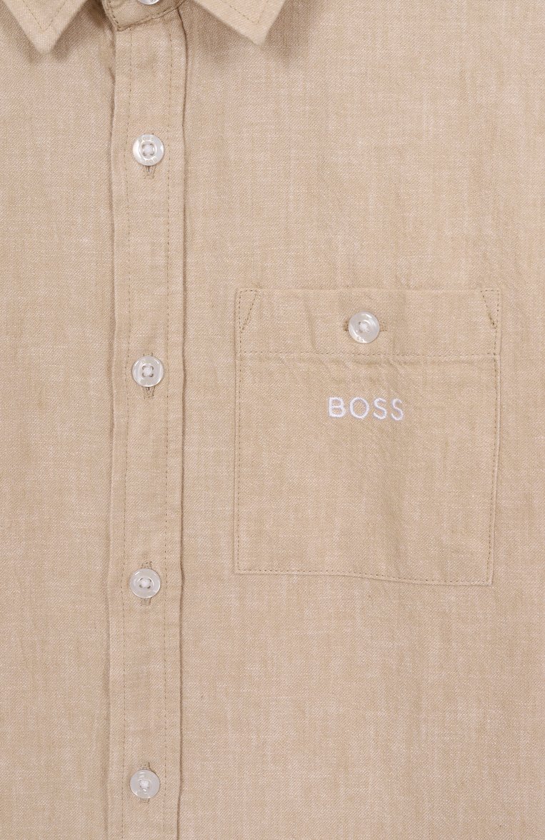 Детская рубашка изо льна и хлопка BOSS светло-бежевого цвета, арт. J52008 | Фото 3 (Материал внешний: Хлопок, Лен; Рукава: Короткие; Случай: Повседневный; Автоматизация ТО: Проставлено; Автоматизация состава: Простав�лено; Ростовка одежда: 9 лет | 134 см, 12 лет | 152 см, 16 лет | 164 см, 13 - 15 лет | 158 см, 5 лет | 110 см, 7 лет | 122 см)