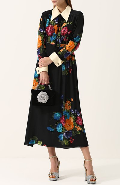 Шелковое приталенное платье-миди с цветочным принтом GUCCI, арт. 485291/ZJQ32, фото 2