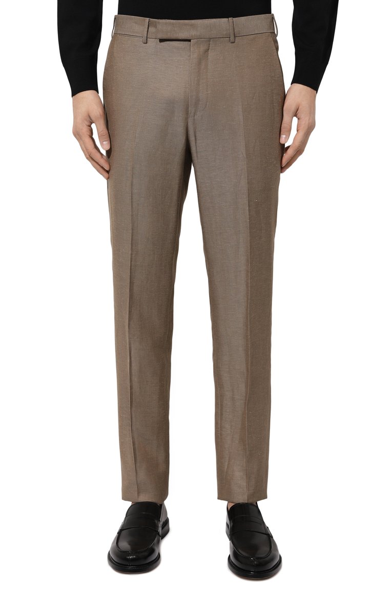 Мужские брюки из шерсти и льна ZEGNA коричневого цвета, арт. 718F00A7/75TB12 | Фото 3 (Материал внешний: Лен, Шерсть; Длина (брюки, джинсы): Стандартные; Случай: Повседневный; Стили: Кэжуэл)