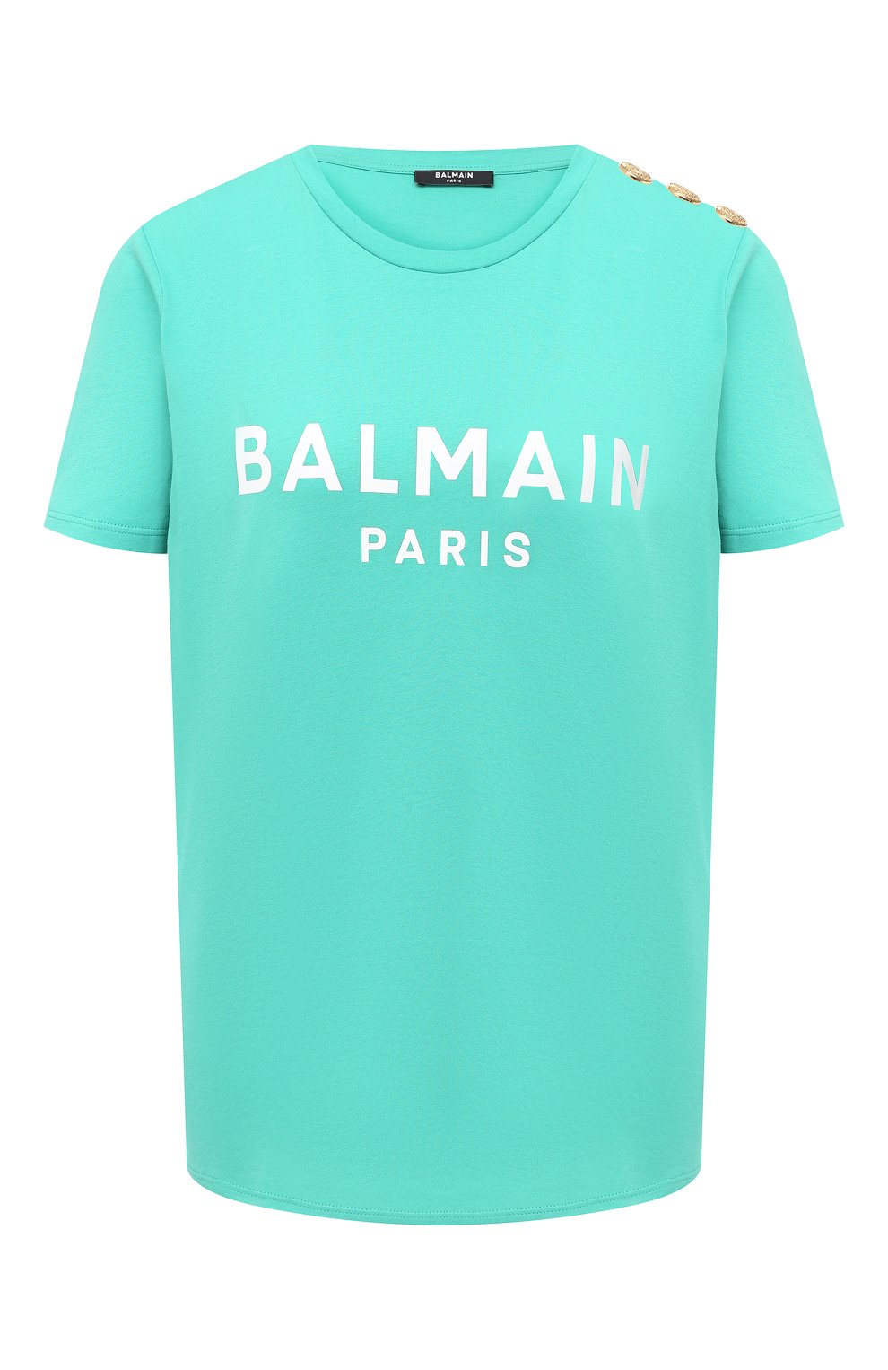 Хлопковая футболка BALMAIN бирюзового цвета по цене 35250 руб., арт. VF11350/B001, фото 1 Хлопковая футболка BALMAIN, арт. VF11350/B001, фото 1