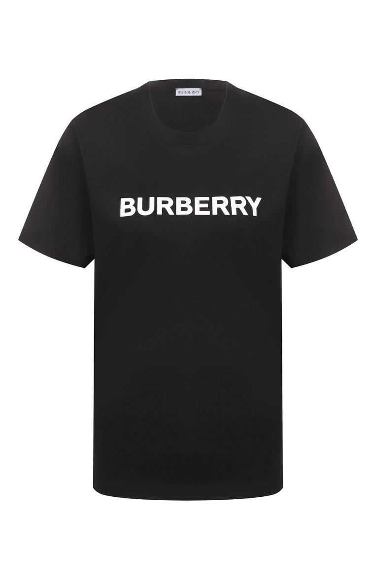 Женская хлопковая футболка BURBERRY черного цвета, арт. 8080324 | Фото 1 (Материал внешний: Хлопок; Принт: С принтом; Стили: Кэжуэл; Рукава: Короткие; Длина (для топов): Стандартные; Автоматизация ТО: Проставлено; Автоматизация состава: Проставлено)