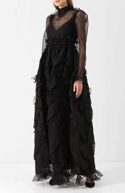 Шелковое платье-макси с оборками и воротником-стойкой VALENTINO, арт. QB2VD7Q11C8, фото 3