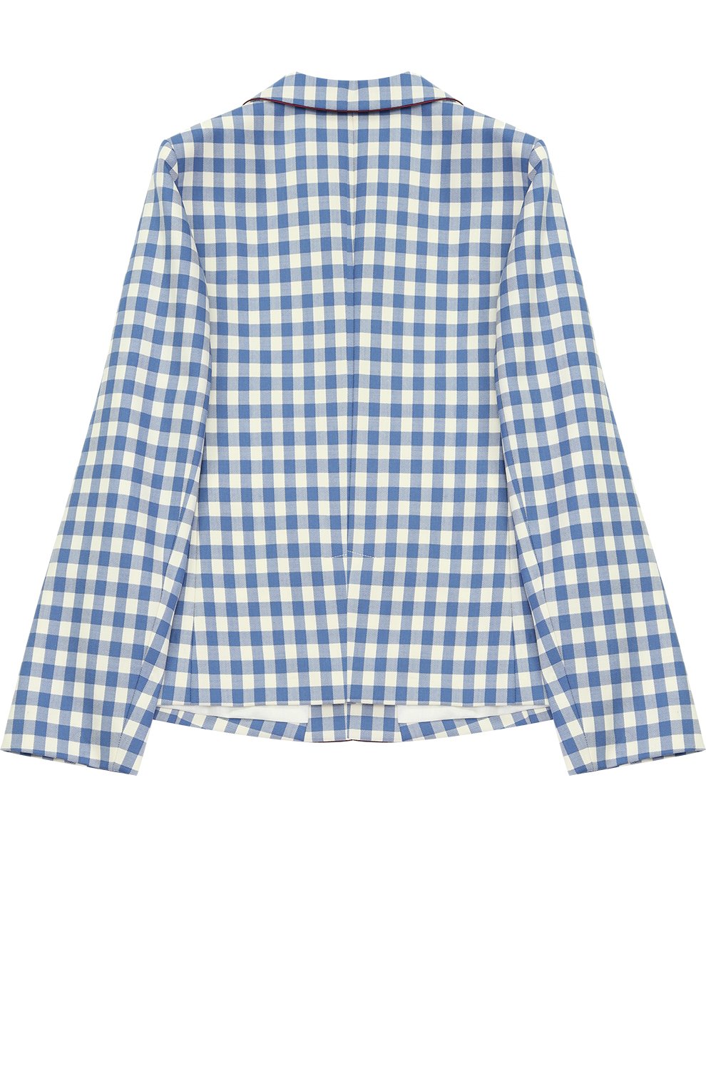 Шерстяной однобортный пиджак в клетку с нашивкой и контрастной отделкой GUCCI синего цвета по цене 49950 руб., арт. 452271/XBA12, фото 2 Шерстяной однобортный пиджак в клетку с нашивкой и контрастной отделкой GUCCI, арт. 452271/XBA12, фото 2