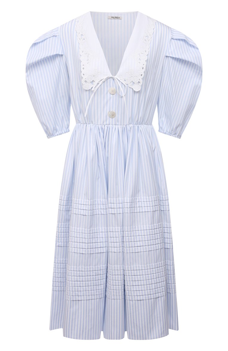 Женское хлопковое платье MIU MIU голубого цвета, арт. MF4341-Z58-F0M10 | Фото 1 (Материал внешний: Хлопок; Стили: Романтичный; Случай: Повседневный; Женское Кросс-КТ: Платье-одежда; Рукава: Короткие; Длина Ж (юбки, платья, шорты): До колена, Миди; Драгоценные камни: Проставлено; Материал сплава: Проставлено)