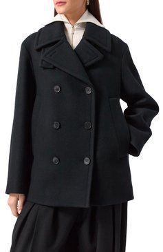 Женское шерстяное полупальто JIL SANDER черного цвета, арт. J40AM0106-J40004 | Фото 3 (Материал внешний: Шерсть; Рукава: Длинные; Материал сплава: Проставлено; Длина (верхняя одежда): До середины бедра; Драгоценные камни: Проставлено; Материал подклада: Хлопок; 1-2-бортные: Двубортные; Стили: Минимализм)