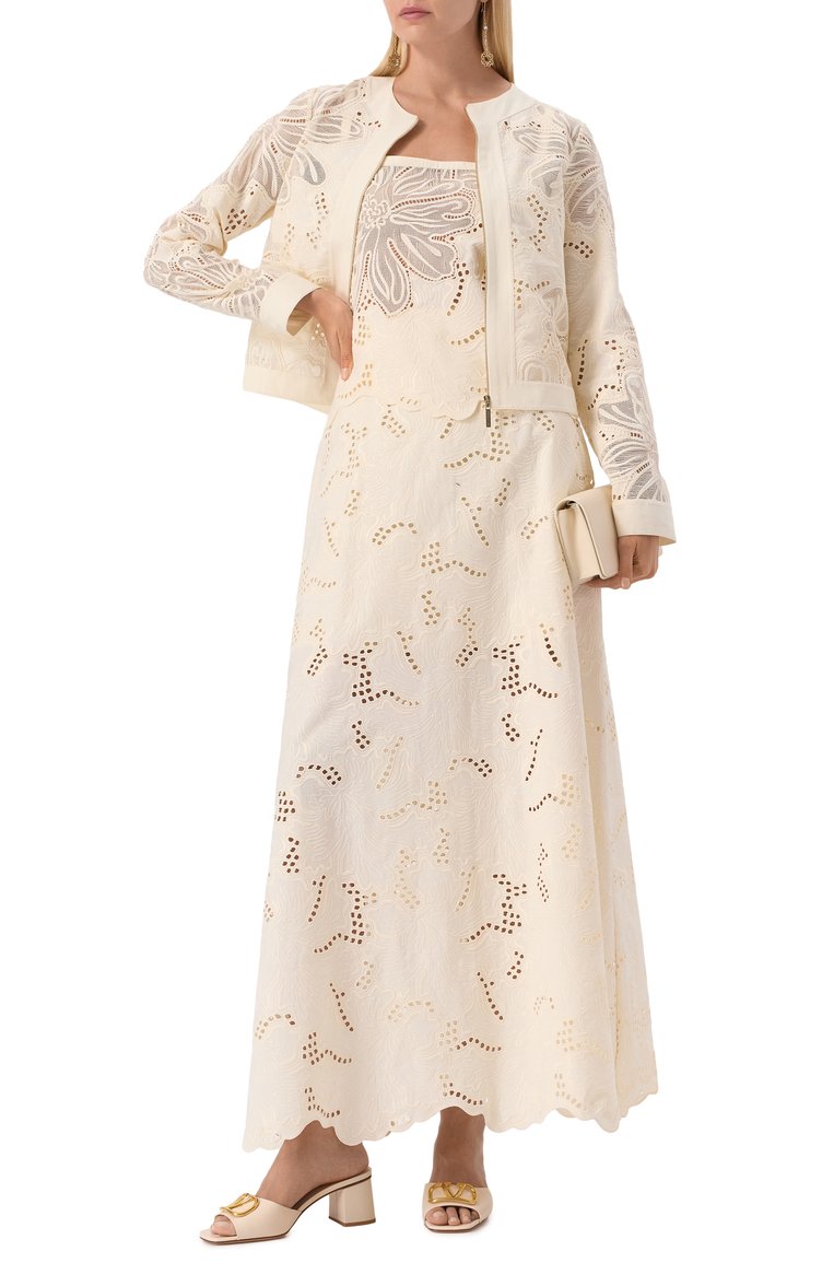 Женская хлопковая юбка ELIE SAAB кремового цвета, арт. SK121 | Фото 2 (Материал подклада: Хлопок; Материал внешний: Синтетический материал, Хлопок; Длина Ж (юбки, платья, шорты): Макси; Стили: Романтичный; Кросс-КТ: костюм)