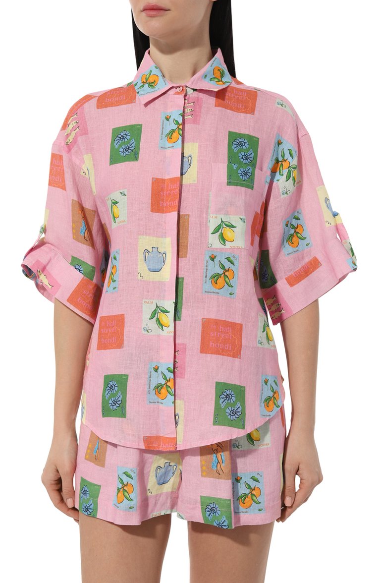 Женский льняная рубашка PALM NOOSA розового цвета, арт. MIRAGE SHIRT | Фото 3 (Материал внешний: Лен; Рукава: 3/4; Длина (для топов): Стандартные; Стили: Романтичный, Кэжуэл; Женское Кросс-КТ: Рубашка-одежда; Принт: С принтом)