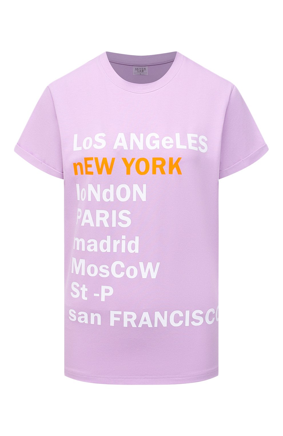 Хлопковая футболка SEVEN LAB сиреневого цвета по цене 7520 руб., арт. T21-nEW YORK GO lavender, фото 1 Хлопковая футболка SEVEN LAB, арт. T21-nEW YORK GO lavender, фото 1