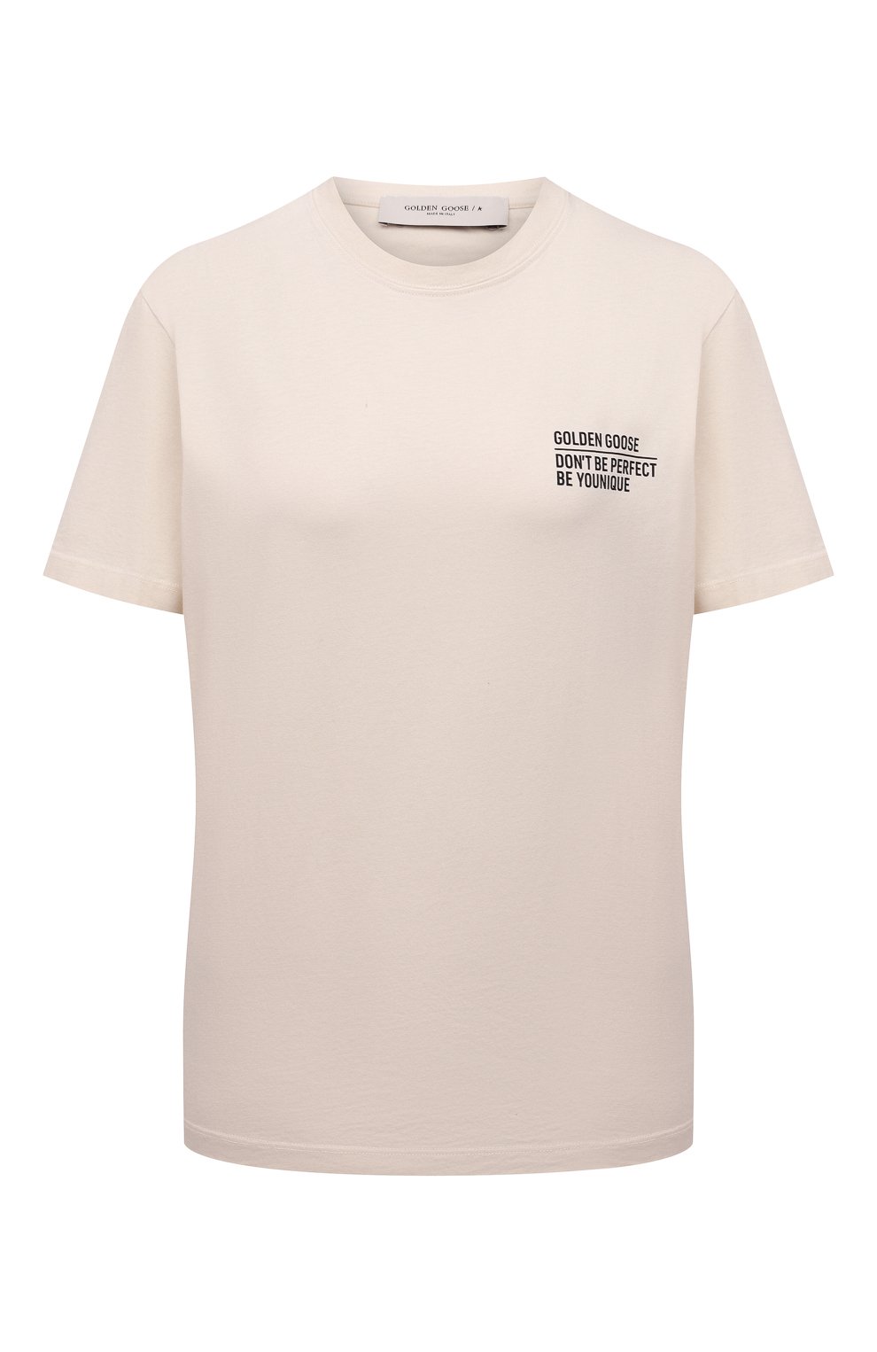 Хлопковая футболка GOLDEN GOOSE DELUXE BRAND кремового цвета по цене 8925 руб., арт. GWP01005.P000191, фото 1 Хлопковая футболка GOLDEN GOOSE DELUXE BRAND, арт. GWP01005.P000191, фото 1