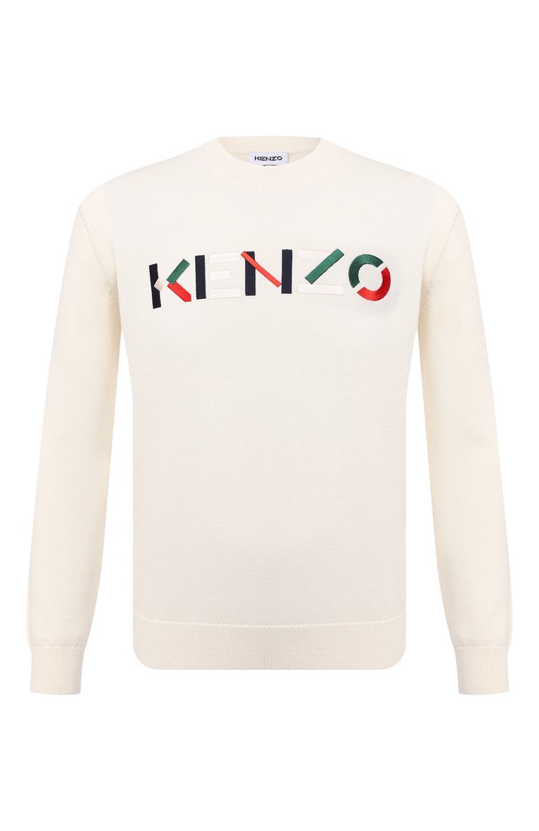 Мужской шерстяной джемпер KENZO белого цвета, арт. FA65PU5413LA | Фото 1 (Длина (для топов): Стандартные; Материал внешний: Шерсть; Рукава: Длинные; Мужское Кросс-КТ: Джемперы; Стили: Кэжуэл; Вырез: Круглый; Принт: С принтом)