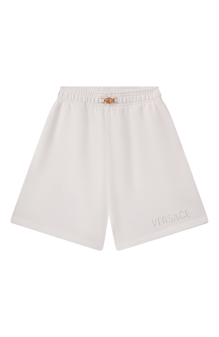 Детские хлопковые шорты VERSACE молочного цвета, арт. 1018204/1A13092 | Фото 1 (Нос: Не проставлено; Материал сплава: Проставлено; Случай: Повседневный; Материал внешний: Хлопок; Материал подклада: Хлопок; Ростовка одежда: 8 лет | 128 см, 10 - 11 лет | 140 - 146см, 6 лет | 116 см, 16 лет | 164 см, 12 лет | 152 см)